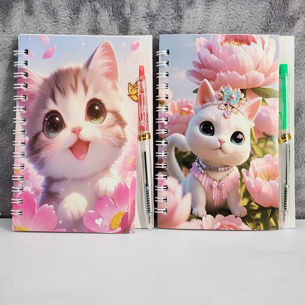2 Spiral Pocket Notebook/Pen sets Kitty Designs 4x5.5" Small Journal or Diary